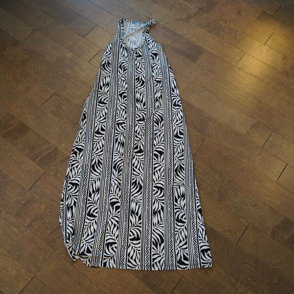 Tori Richard Maxi Dress Womens XL Black White Tropical Print Hawaiian Scoop Neck - Picture 1 of 9
